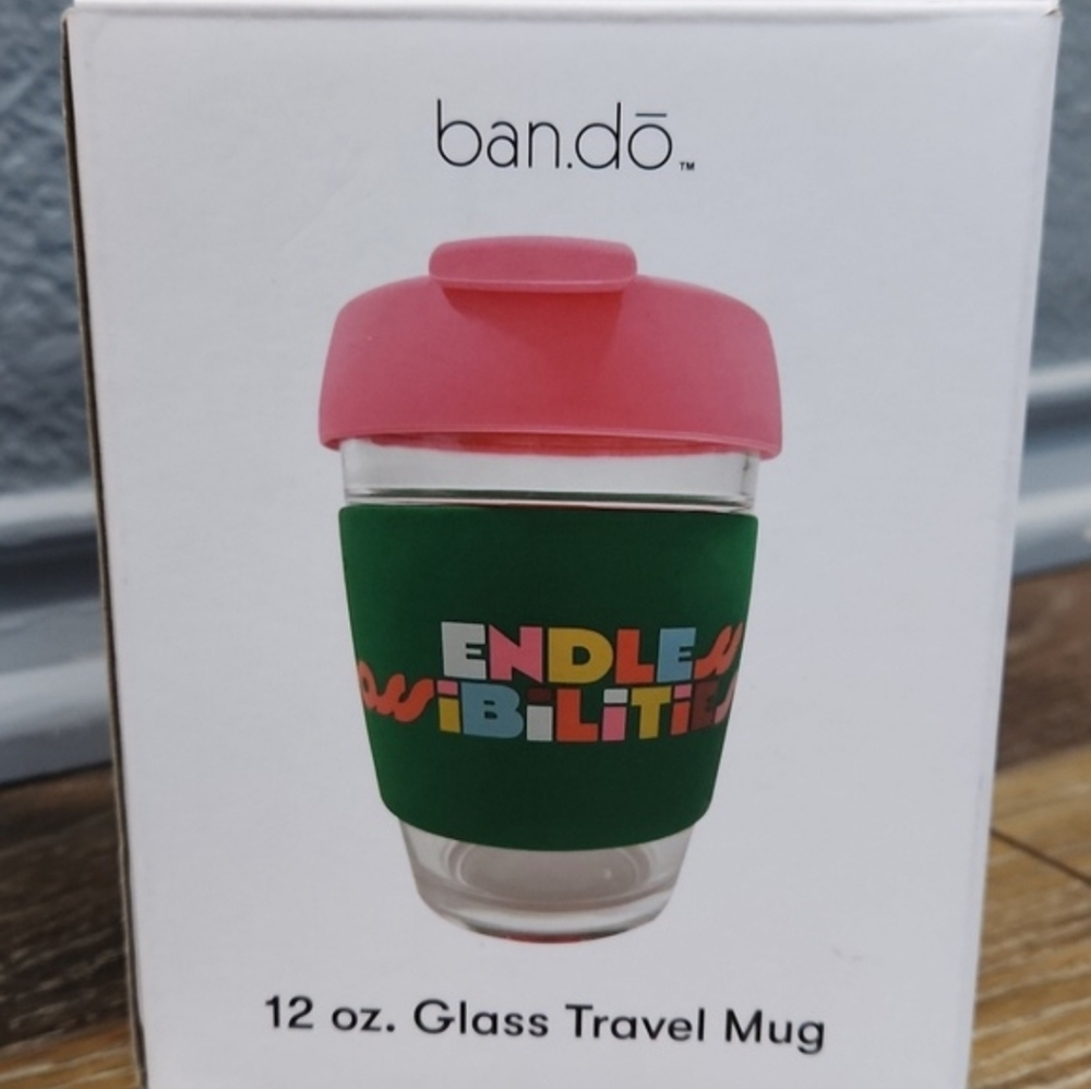 NIB ban.dō 12 oz Glass Travel Mug Endless Possibilities Green Pink Blue Yellow